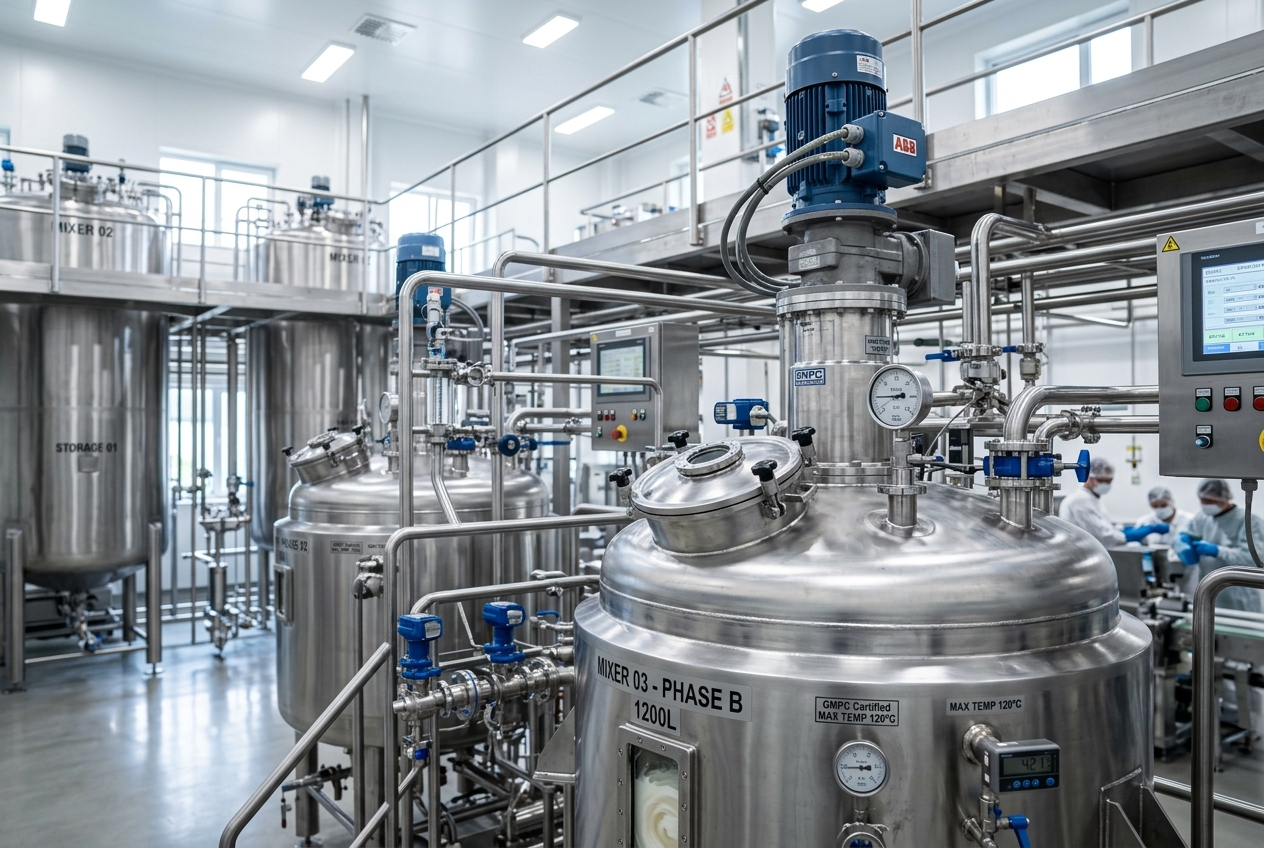 Sterile stainless steel mixing tanks for cosmetic contract manufacturing of bulk shampoo base
