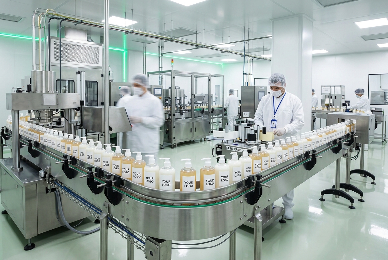 Sterile GMPC and ISO 22716 cleanroom for private label shampoo and conditioner bottling