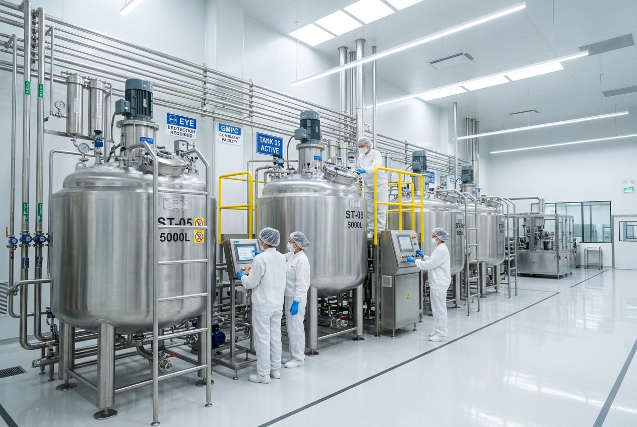 Sterile GMPC mixing tanks at SEVICH private label shampoo manufacturer factory