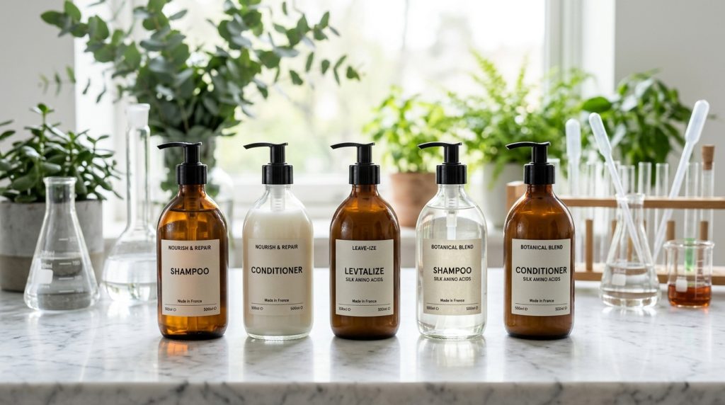 Sleek bottles of private label shampoo and conditioner by professional hair care manufacturer