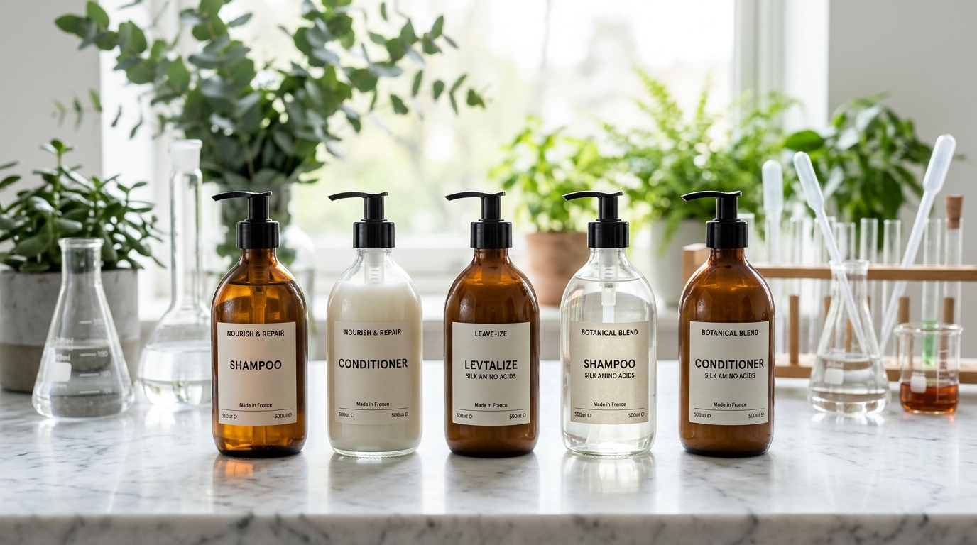 Sleek bottles of private label shampoo and conditioner by professional hair care manufacturer