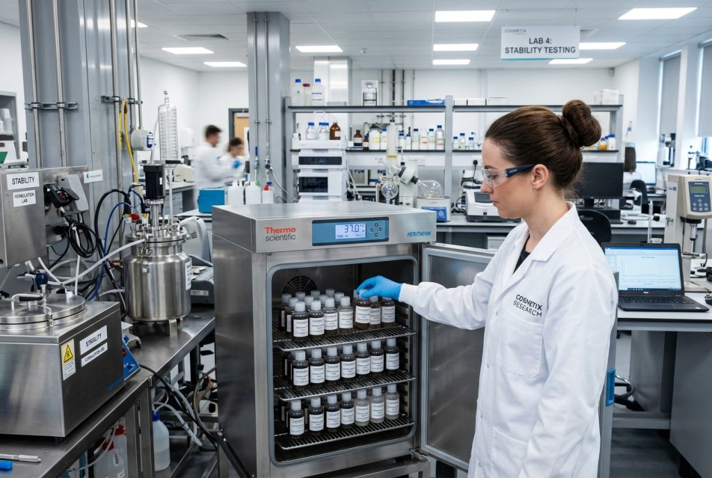 A cosmetic chemist conducting formula stability testing inside a modern laboratory for custom OEM hair care wholesale manufacturing projects.