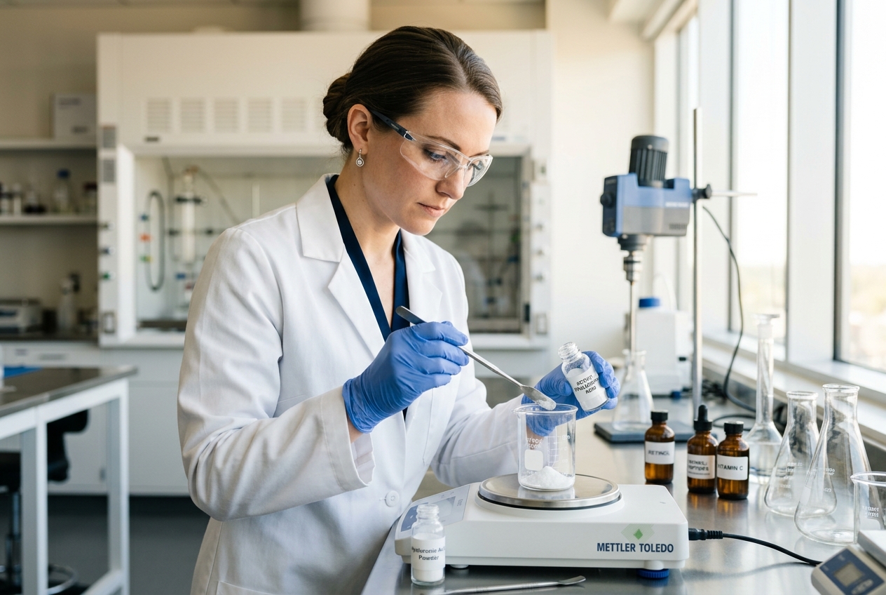 Cosmetic chemist developing a custom formulation for private label shampoo and conditioner