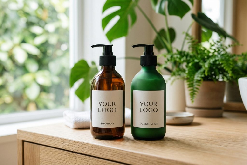 Premium turnkey private label shampoo and conditioner pump bottles on a wooden counter