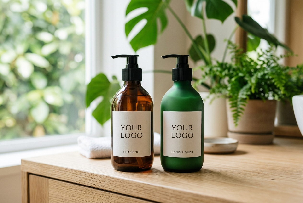 Premium turnkey private label shampoo and conditioner pump bottles on a wooden counter