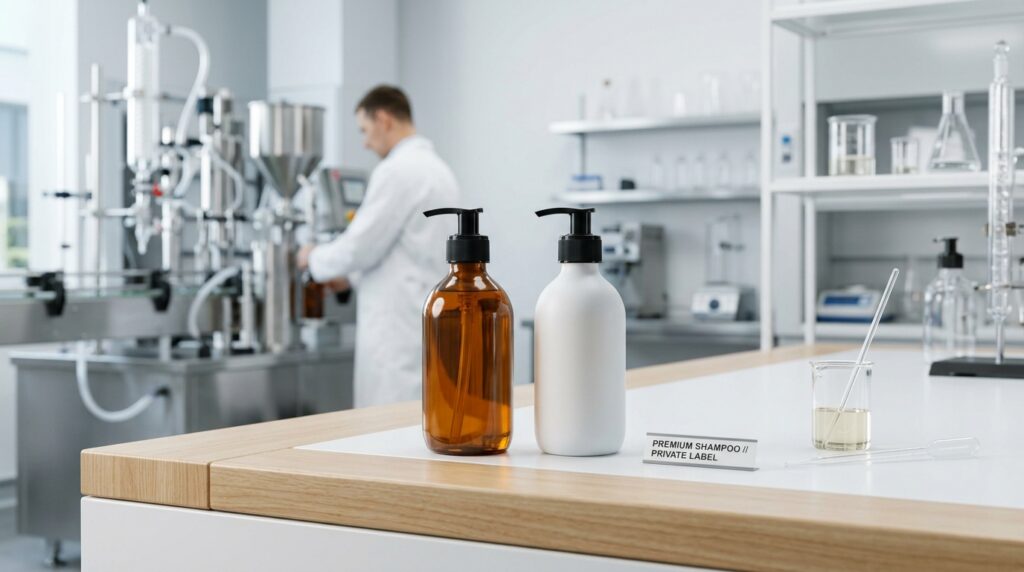 Turnkey private label shampoo bottles on R&D laboratory workstation next to automated hair care filling machinery