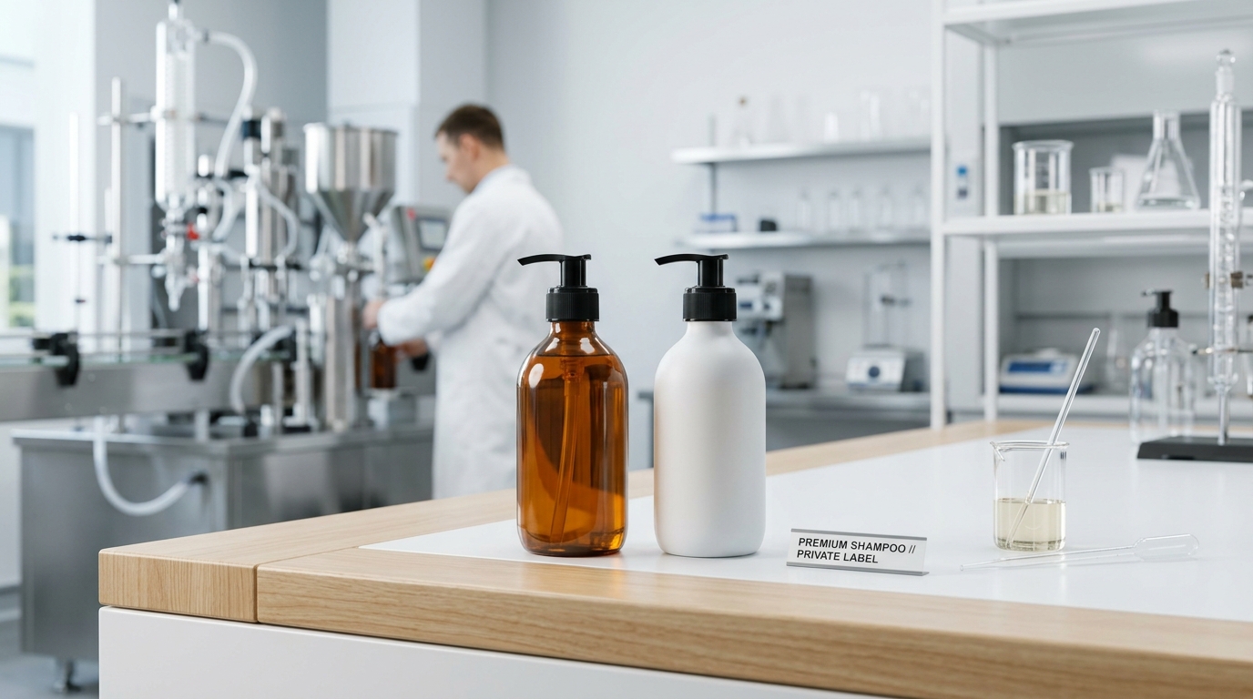 Turnkey private label shampoo bottles on R&D laboratory workstation next to automated hair care filling machinery