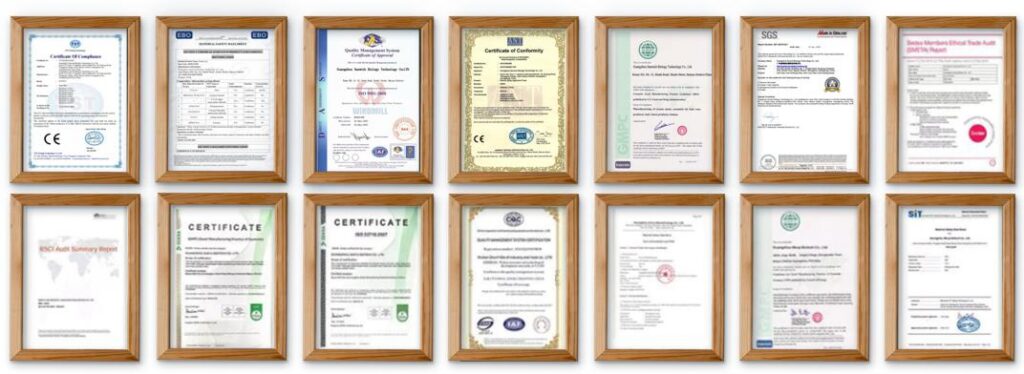 Collection of official quality and safety certificates for hair conditioner OEM manufacturing