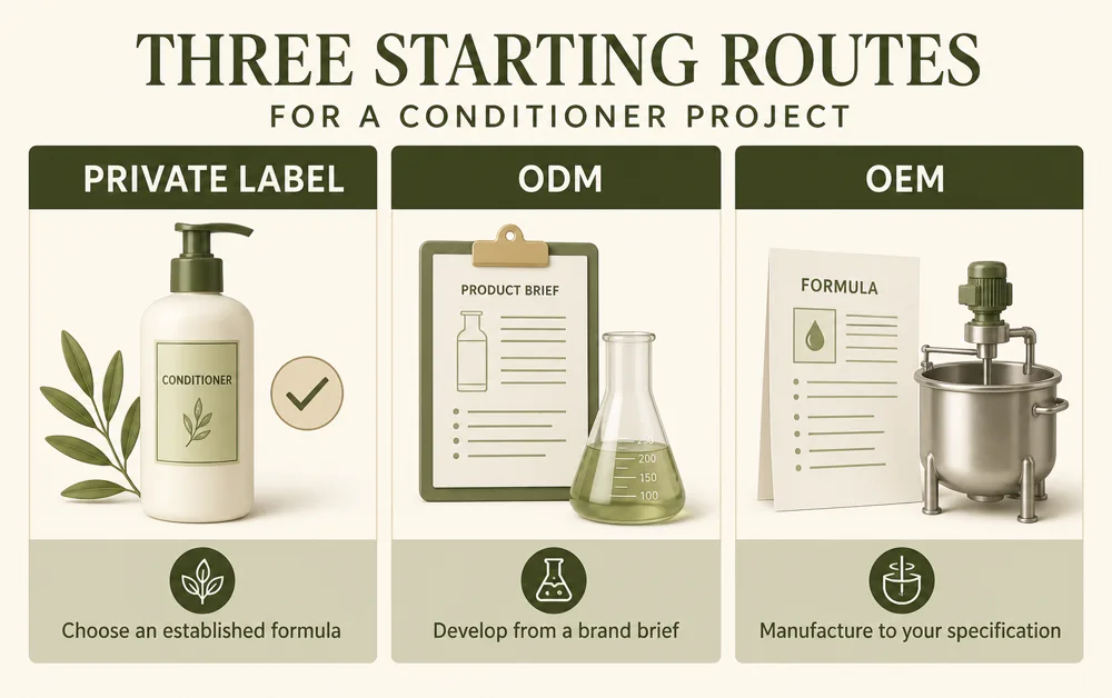 Diagram of three starting routes for a conditioner project: Private Label, ODM, and OEM.