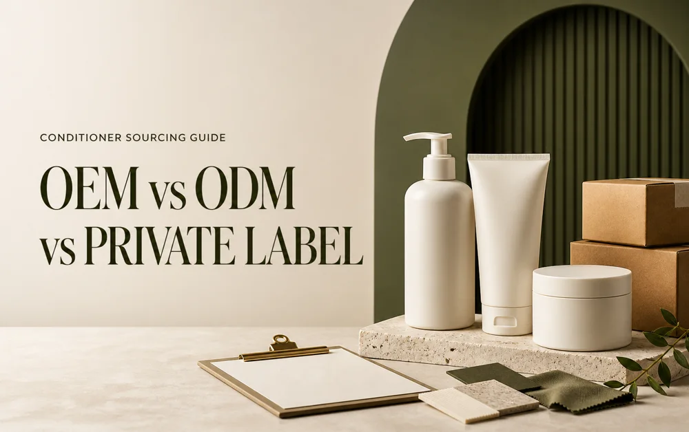 Hair conditioner bottles and cosmetic containers displayed for OEM vs ODM vs Private Label sourcing guide.