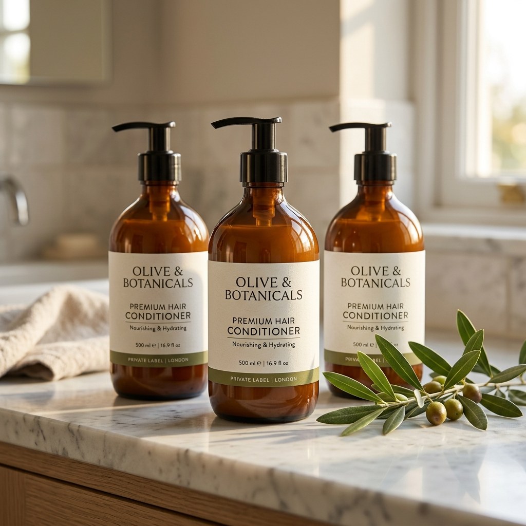Three amber glass pump bottles of Olive & Botanicals premium hair conditioner with olive branches on a marble bathroom counter.