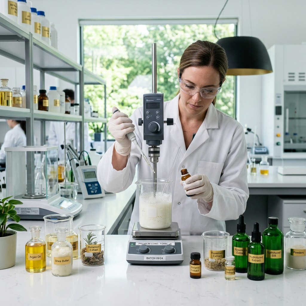 Sevich cosmetic formulation laboratory preparing a custom hair conditioner sample