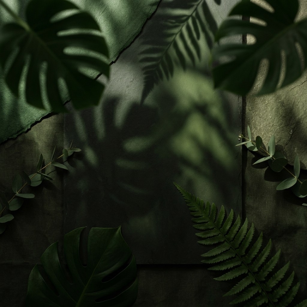 Tropical leaves, palm shadows, and eucalyptus branches surrounding a dark green botanical background frame