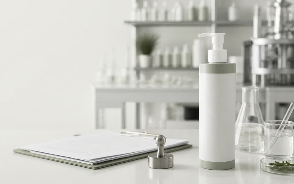 A blank private label conditioner bottle placed on a laboratory table alongside glassware and compliance documents.
