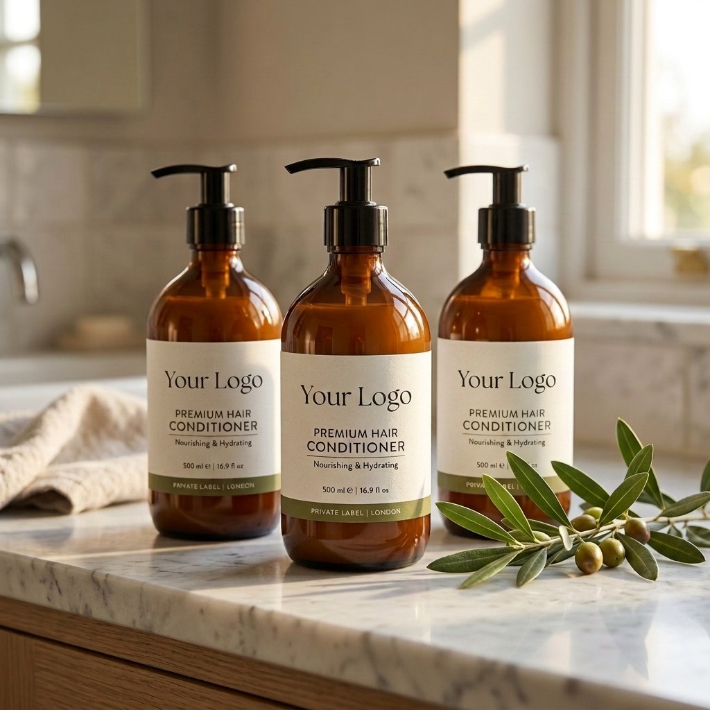 Three amber glass pump bottles with customizable "Your Logo" labels for premium hair conditioner on a marble bathroom counter with olive branches.