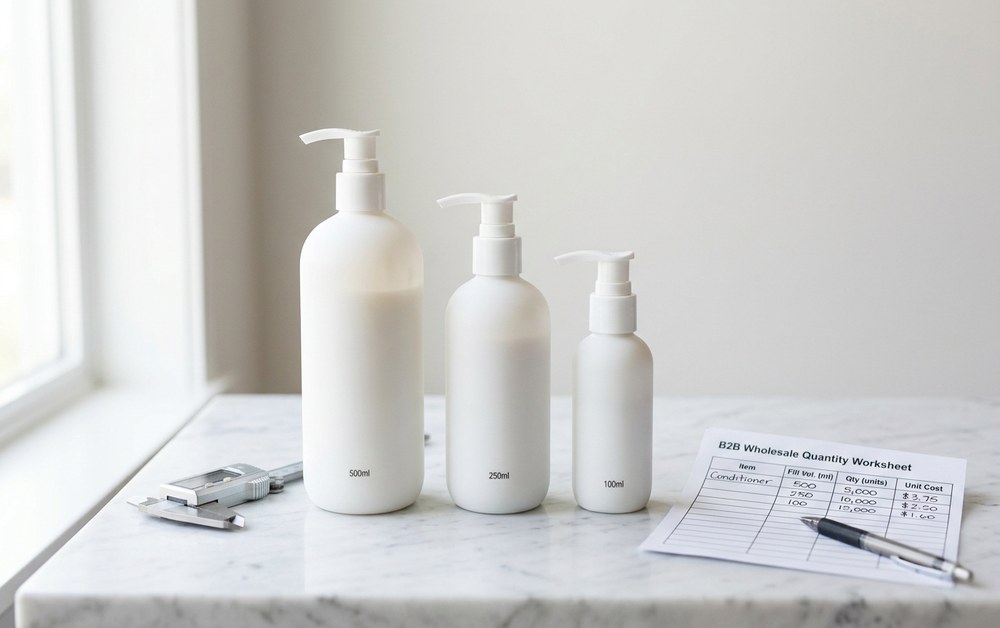 Custom white pump bottles and containers for hair conditioner arranged on a marble countertop next to documents.