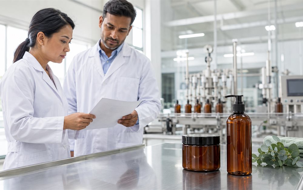 Two cosmetic formula researchers reviewing product documents in a laboratory setting next to amber hair conditioner bottles.