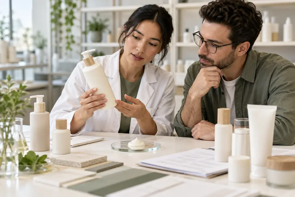 Cosmetics R&D formulation specialist discussing custom private label keratin conditioner bottle design with a brand owner.