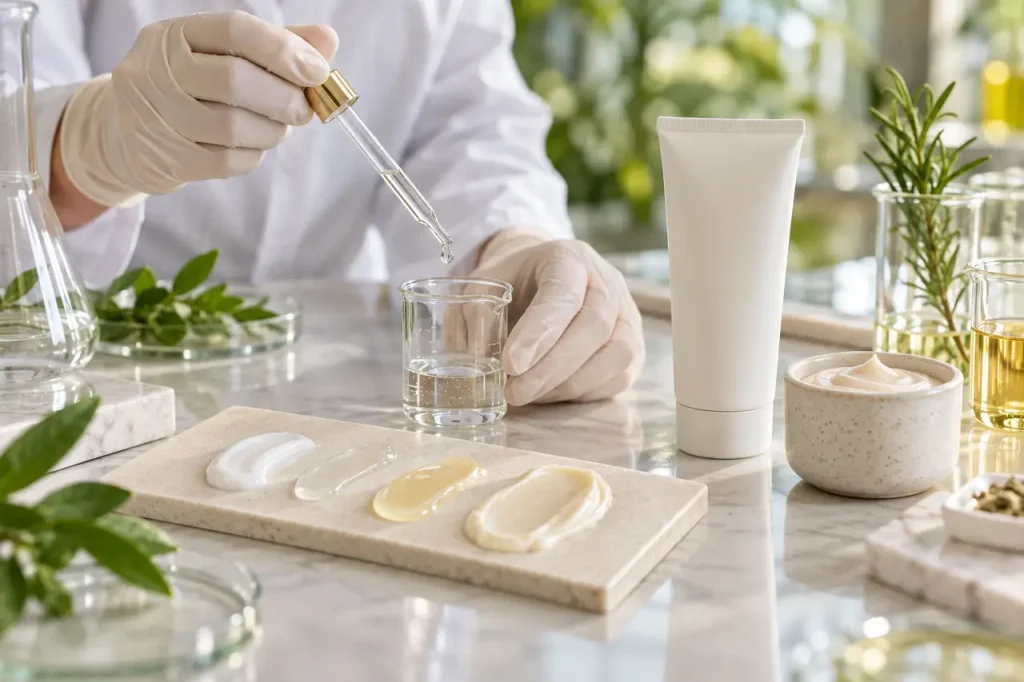 Cosmetic chemist preparing a private-label protein hair treatment formula with texture samples