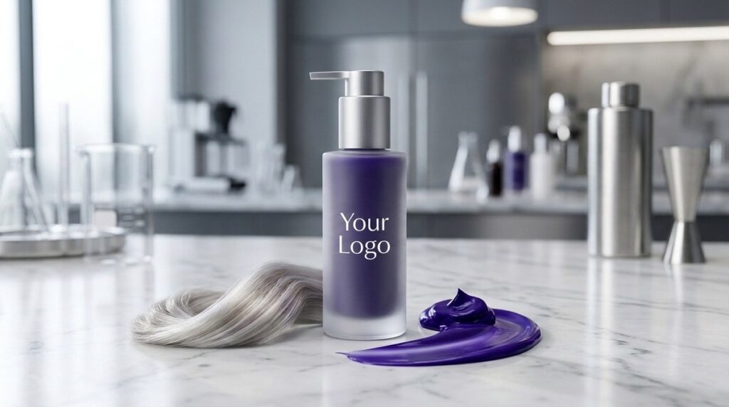 OEM purple color care conditioner bottle with silver pump and hair swatch on marble countertop